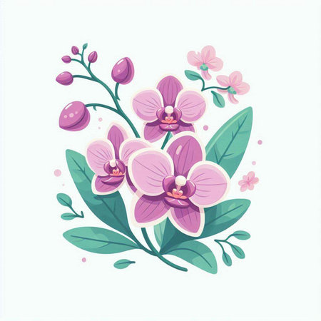 Orchid flowers and leaves. Vector illustration in cartoon style on white background.のイラスト素材