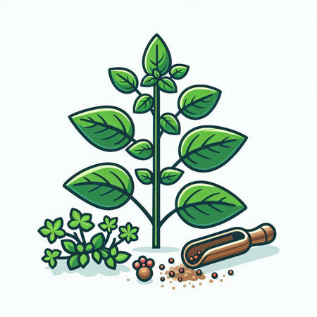 Illustration of a green plant with spices on a white background.のイラスト素材