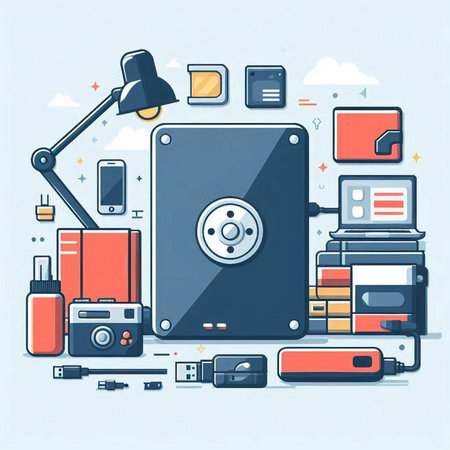 Vector illustration of a flat design of a safe with electronic devices and accessories.のイラスト素材