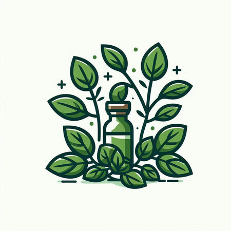 Herbal cosmetic icon with green leaves and bottle. Vector illustration.のイラスト素材