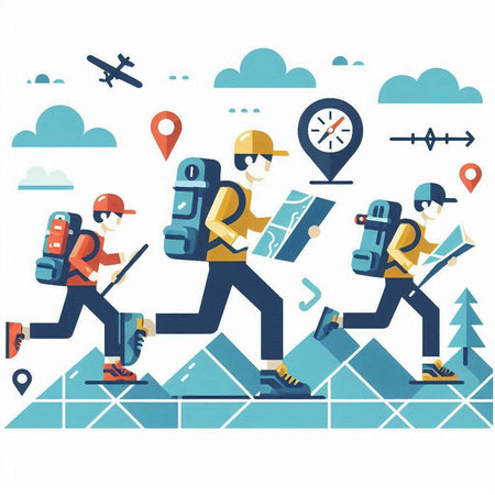 Vector illustration of people with backpacks and map on white background.のイラスト素材