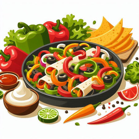 Mexican food vector illustration. Traditional mexican food in pan.のイラスト素材