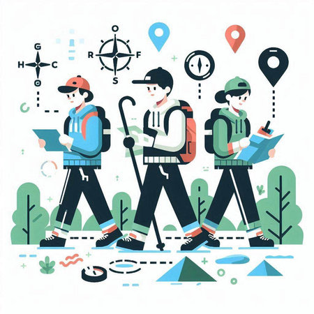 Tourist characters with map and compass. Flat design vector illustration.のイラスト素材