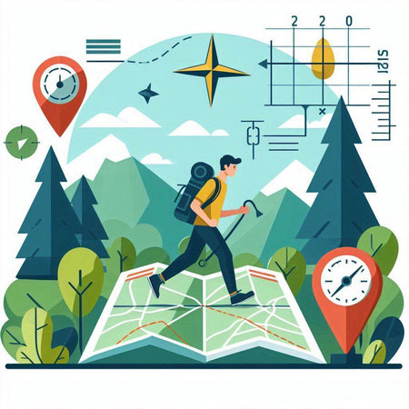 Hiking concept. Traveler with backpack and map. Vector illustration in flat styleのイラスト素材