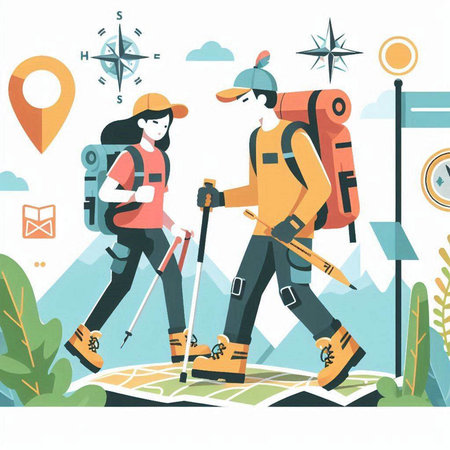 Couple of hikers with backpacks on the map. Vector illustrationのイラスト素材