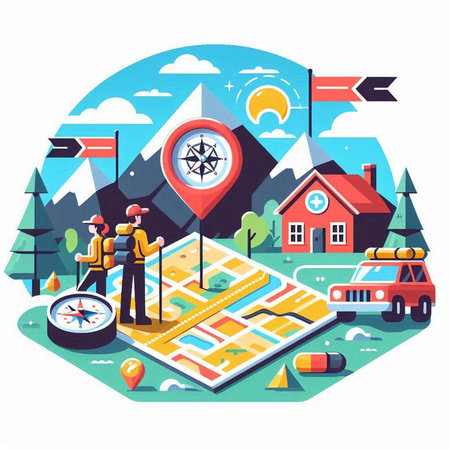 Navigation flat composition with navigator and compass on map vector illustrationのイラスト素材