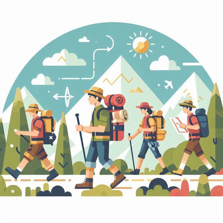 Hiking people in the mountains vector illustration. Flat style design.のイラスト素材