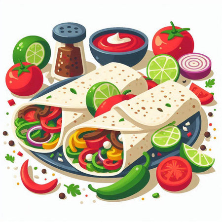 Mexican quesadilla with vegetables and sauce. Vector illustrationのイラスト素材