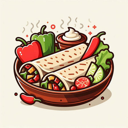 Mexican burrito with vegetables and sauce in bowl. Vector illustration.のイラスト素材