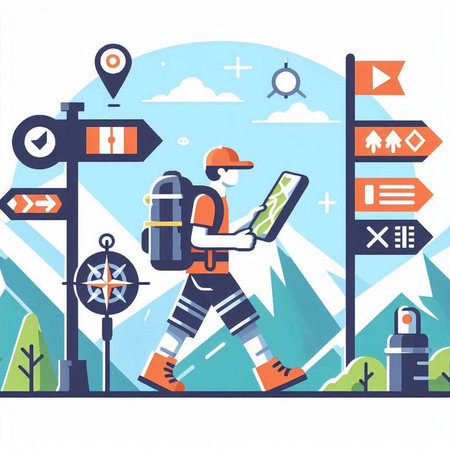 Tourist with backpack and map on the background of the mountains. Vector illustration.のイラスト素材