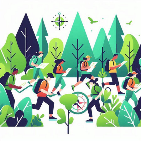 People with map and compass in the forest. Flat vector illustration.のイラスト素材