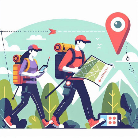 Tourists with backpacks and map. Vector illustration in flat styleのイラスト素材