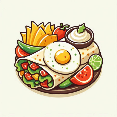 Fried egg with vegetables and sauce on plate. Vector illustration.のイラスト素材