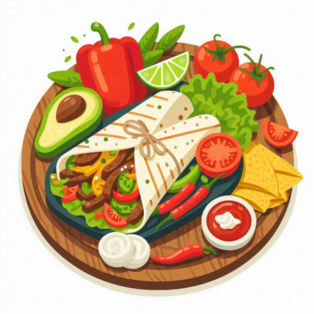 Mexican food vector illustration. Taco tortilla with beef, avocado, tomato, onion, cucumber, pepper, lettuce, tortilla and sauce.のイラスト素材