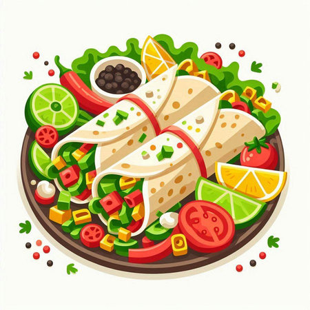 Mexican burrito with vegetables. Vector illustration in flat style.のイラスト素材