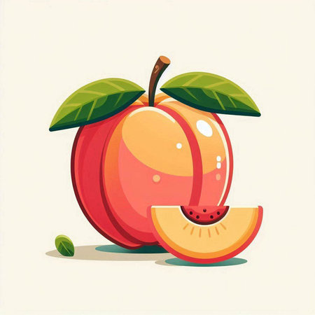 Peach fruit with leaves and slices on white background. Vector illustration.のイラスト素材