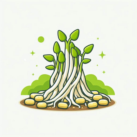 Illustration of green bean sprouts with roots on white background.のイラスト素材