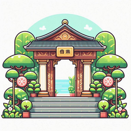 Chinese temple in the park. Vector illustration in a flat style.のイラスト素材