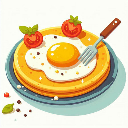 Fried egg with tomato and basil on a plate. Vector illustration.のイラスト素材