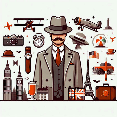 Travel around the world. Vector illustration of a man in a hat and a coat with a map of the world.のイラスト素材