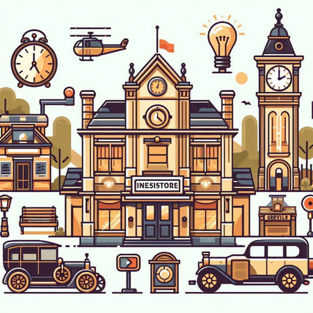 City street with old school buildings and vintage cars. Vector illustration.のイラスト素材