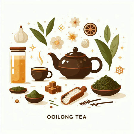 Tea set, teapot, tea leaves, cinnamon, ginger, ginger, honey, sugar, lemon, green tea. Vector illustration.のイラスト素材