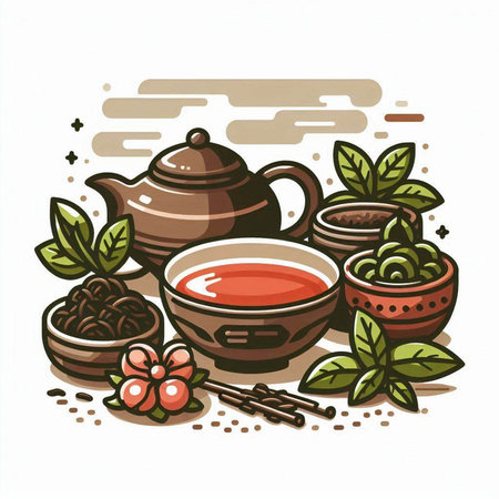 Vector illustration of tea set with green tea leaves, cup and teapot.のイラスト素材