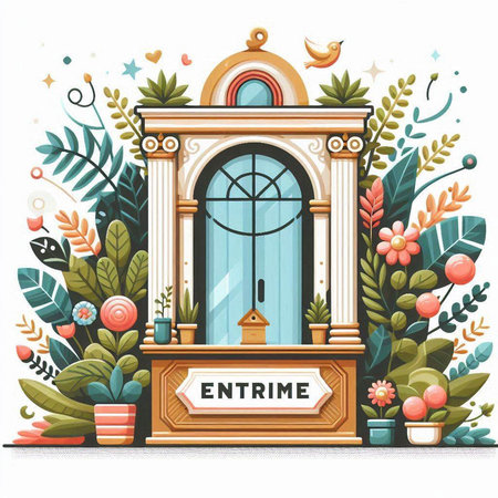 Vector illustration of an old wooden window with flowers, plants and birdsのイラスト素材