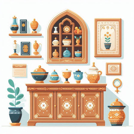 Antique kitchen furniture. Porcelain dishes, cupboards, vases and pots. Vector illustrationのイラスト素材