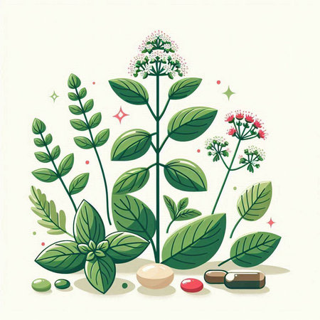 Herbs and capsules. Herbs and pills. Vector illustration.のイラスト素材