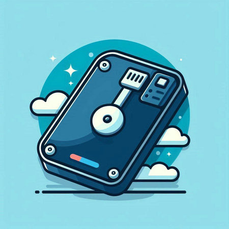 Vector illustration of a smartphone with headphones on a blue background with cloudsのイラスト素材