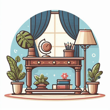 Vector illustration of a living room interior with a fireplace, books, plants and a window.のイラスト素材