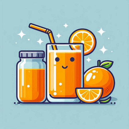 Orange juice in a jar and a glass with a straw. Vector illustration.のイラスト素材