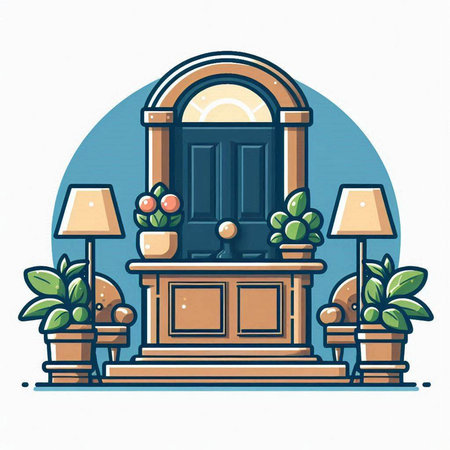 Vector illustration of a classic wooden entrance to the house with flowers and plants.のイラスト素材