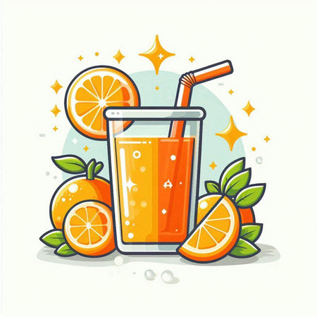 Orange juice in a glass with straw and slices of orange. Vector illustration.のイラスト素材