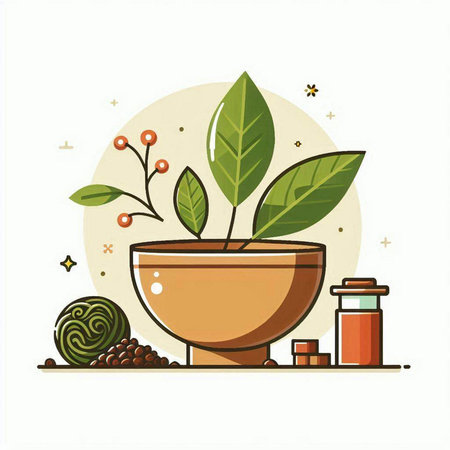 Coffee plant and leaves in a pot. Vector illustration.のイラスト素材