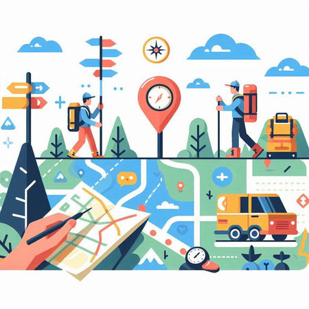 City map navigation flat vector illustration. Tourist with map, backpack, compass and car.のイラスト素材
