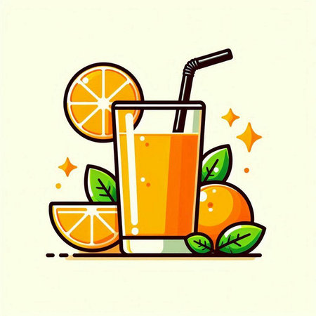 Orange juice in a glass with a straw, slices of orange and leaves. Vector illustration.のイラスト素材
