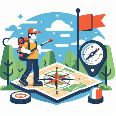Tourist with a backpack and a compass on the map. Vector illustrationのイラスト素材