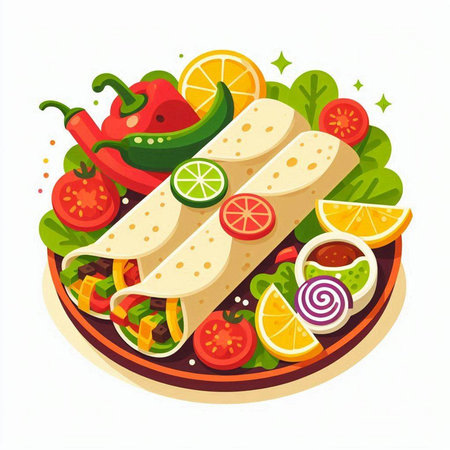 Mexican tortilla with vegetables. Vector illustration in flat style.のイラスト素材