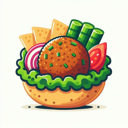Illustration of a hamburger with lettuce, tomato, onion and cheeseのイラスト素材