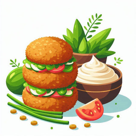 Vegetarian burger with fresh vegetables and sour cream. Vector illustration.のイラスト素材
