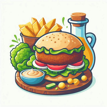 Vector illustration of a hamburger with lettuce, tomato, onion and mayonnaiseのイラスト素材