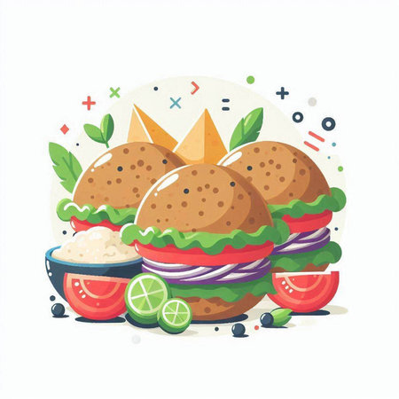 Fast food vector illustration. Hamburger, cheeseburger, nachos, cucumber, tomato, lettuce, onionnnaise.のイラスト素材