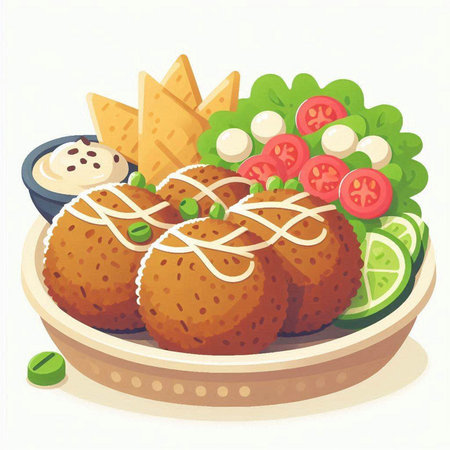 Illustration of a bowl of croquettes with salad and sauceのイラスト素材