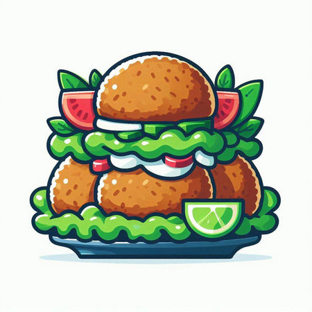 Cute cartoon hamburger with lime on plate. Vector illustration.のイラスト素材