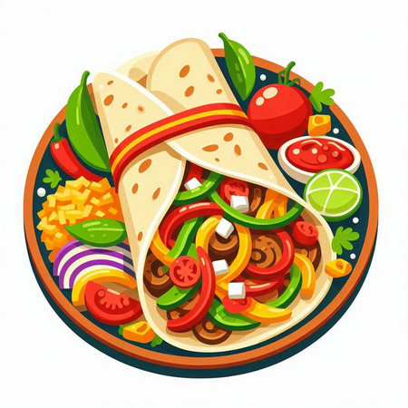 Mexican tacos with meat, vegetables and sauce. Vector illustration.のイラスト素材