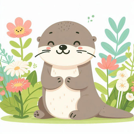 Cute otter sitting in the flower garden. Vector illustration.のイラスト素材