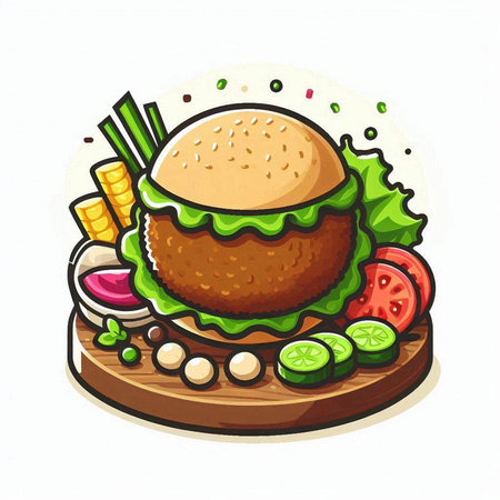 Cartoon hamburger on wooden board. Vector illustration of fast food.のイラスト素材