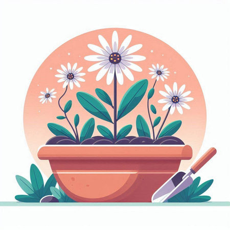 Flowerpot with daisies and gardening tools. Vector illustration.のイラスト素材
